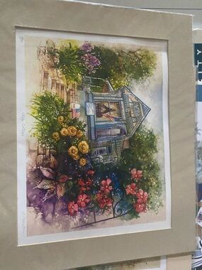 Floral Cottage Garden Art Print in Blue and Green